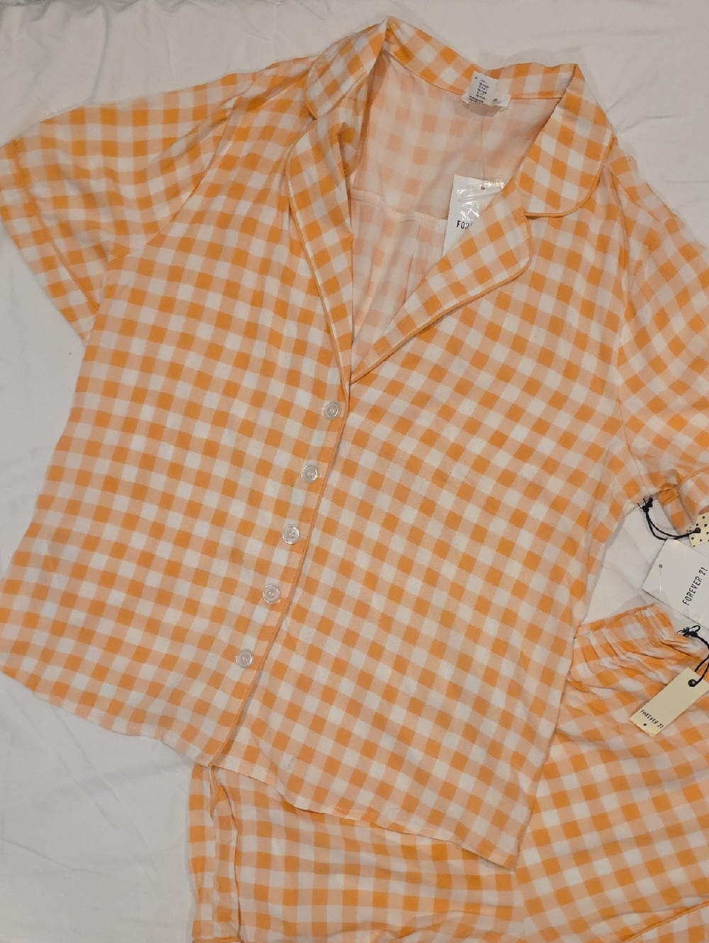 Forever 21 Orange and White Gingham Button-Front Pajama Top